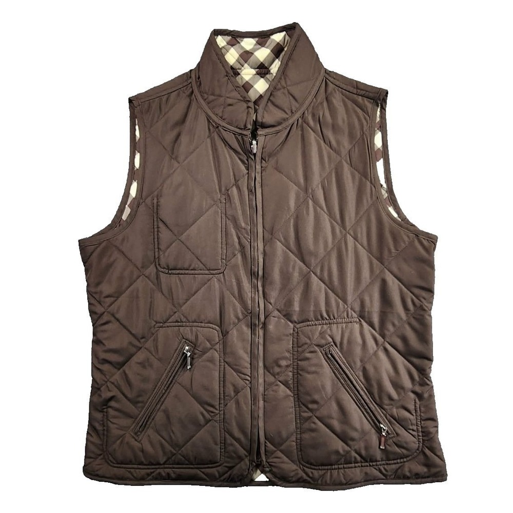 Quilted Reversible Vest Women Brown Gingham Zip‎ Pockets Collar